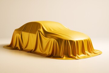 Covered car with golden silk fabric on light background, illustrating concept of vehicle unveiling or launch in modern transport industry scene.