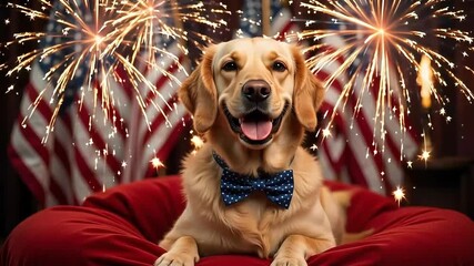 Golden retriever with bow tie sitting on red cushion with american flags in the background