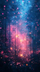 Fantasy Forest with Glowing Lights and Pink Aurora