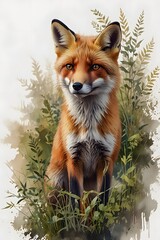 Fototapeta premium A curious-looking red fox is peering out from behind the bushes in watercolor style