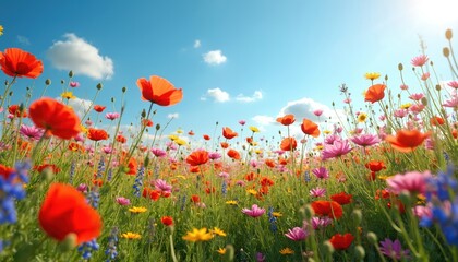 Obraz premium Vibrant field of colorful wildflowers in bloom under clear blue sky. Red poppies, pink daisies, yellow cosmos, blue lupines create rich, scenic meadow. Perfect for summer, spring, garden, nature,