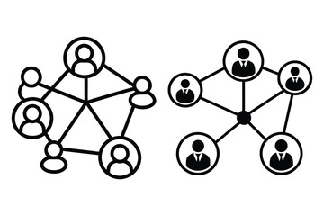 Two network diagrams showing interconnected people icons in black and white connection social network