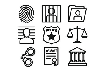 Crime and justice icons: police, court, arrest, and legal symbols