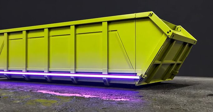Bright yellow dumpster with purple lighting