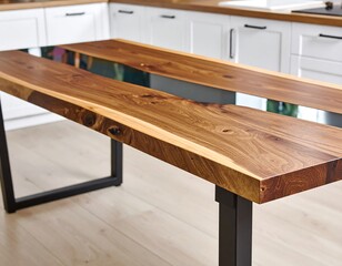 Fototapeta premium Modern dining table, featuring a live-edge wood top with resin inlay