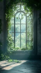 Overgrown Window with Vines Letting in Sunlight and Nature View