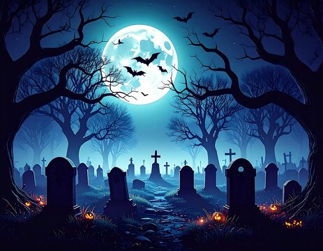 Halloween graveyard at night under a full moon