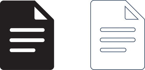 Document Icon – Black Filled and Outline Style File Symbol with Text Lines – Vector Flat Design for  App Interface, Content Management, Office, Cloud Storage & Web
