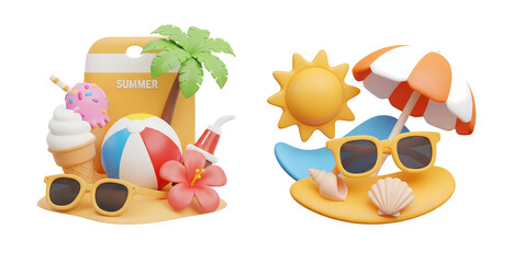 3D cartoon summer icon set with beach elements isolated on transparent background, PNG file add
