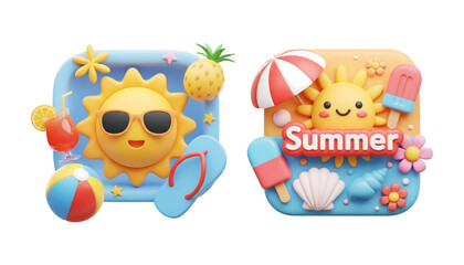 3D cartoon summer icon set with beach elements isolated on transparent background, PNG file add