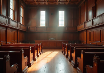 "Elegant Mahogany Courtroom Bathed in Natural Light