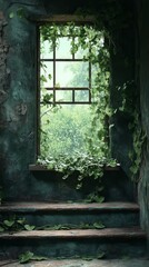Window with Lush Vines Overlooking Greenery and Stone Steps