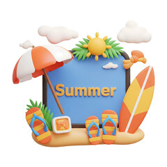 3D cartoon summer icon with beach elements isolated on transparent background, PNG file add