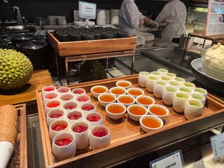 various jelly cup in a restaurant