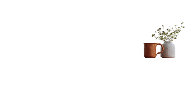 Two mugs and a small vase with dried flowers