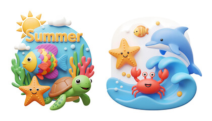 3D cartoon summer icon with cute ocean animals isolated on transparent background, PNG file add