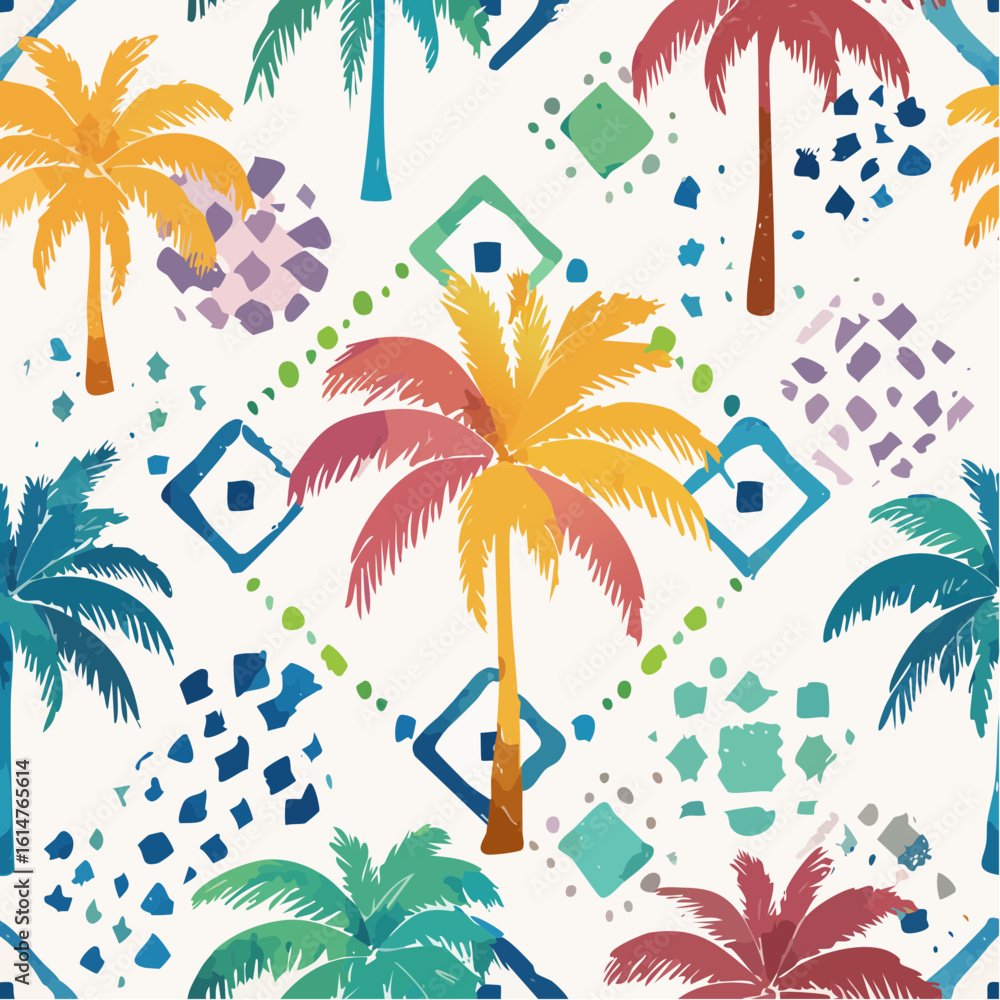 Poster seamless multicolored watercolor moroccan pattern with stylized palm trees and geometric texture