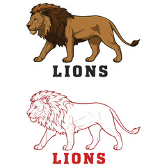 Lion illustration in two styles color and outline, with the word 'LIONS' beneath each.