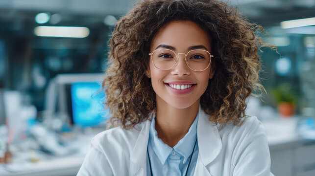 Smiling medical billing coding specialist with curly hair