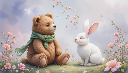 Whimsical Bear and Rabbit in Spring Flower Meadow