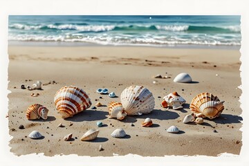 Obraz premium On the shoreline numerous shells are strewn across the sand
