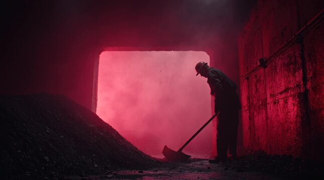 Industrial Worker Shoveling Coal in Dramatic Red Smoke-Filled Underground Factory Setting