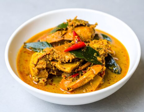 Malaysian Ketam Masak Lemak Cili Api on White Background &ndash; Crab in Spicy Yellow Coconut Turmeric Gravy.