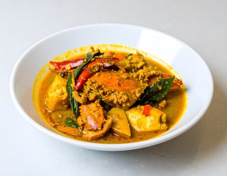 Malaysian Ketam Masak Lemak Cili Api on White Background &ndash; Crab in Spicy Yellow Coconut Turmeric Gravy.