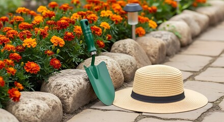 Garden trowel and straw hat resting by orange marigold flowers and rocks gardening shovel