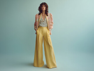 Fashion model poses in yellow trousers and vintage blazer