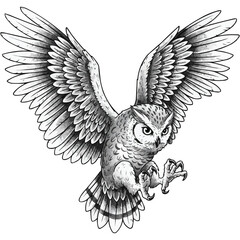 Majestic Owl in Flight A Detailed Black and White Illustration
