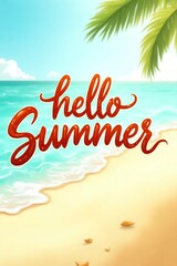 Obraz premium Hello Summer Text Design with Tropical Beach and Ocean View