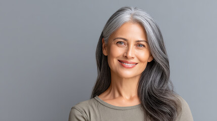Naklejka premium Smiling mature woman with long wavy gray hair and clear skin