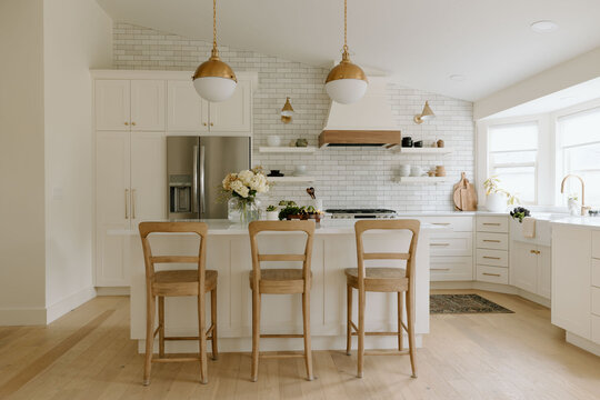 Modern farmhouse kitchen with airy, bright interior