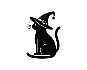 Enchanting Halloween Silhouette Black Cat with Witch Hat