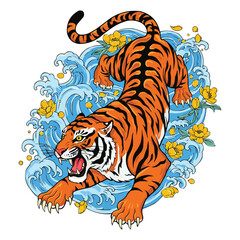 Roaring Tiger in Japanese Wave Art