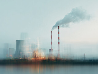 Obraz premium Abstract image of smokestacks and cooling towers in heavy fog