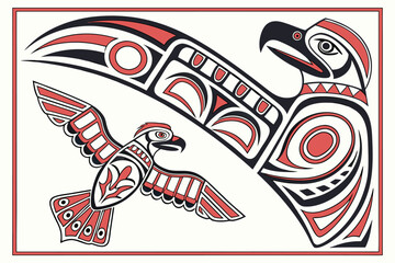 Obraz premium Stylized illustration of two birds in red and black with native american art elements present here