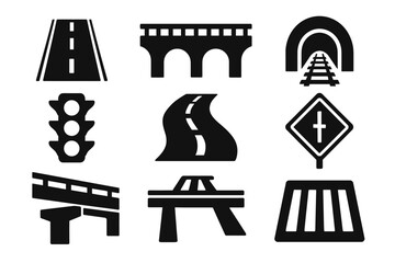 Set of nine black traffic and roadway symbols including signs and structures