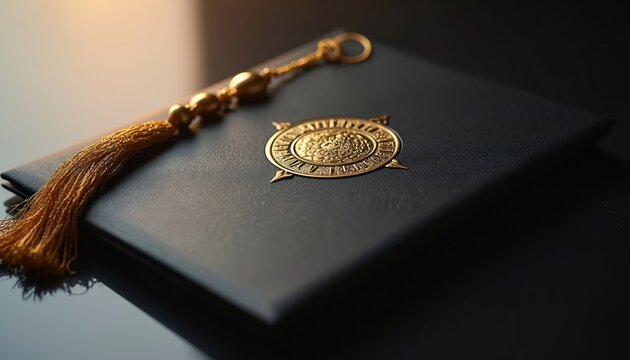 Elegant black graduation folder with gold embossed symbol, tassel. Classic leather design for academic achievement display, education, success, ceremony pride. High quality, shiny, traditional look.
