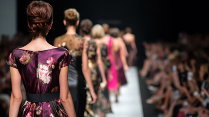 Women walking down runway in elegant floral dresses at fashion show
