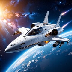 Futuristic spaceship soaring above a planet, propelled by thrusters, against a cosmic backdrop