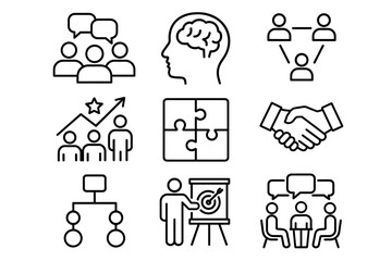 Collaboration and teamwork icons: puzzle, brain, handshake, target presentation