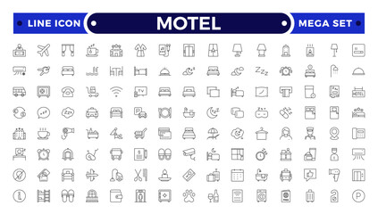 Motel outline icon set. Hotel icon set. Hotel services related line icons: room, rental, reservation, hotel booking, parking, bellboy, breakfast, travel, vacation, holiday and more.