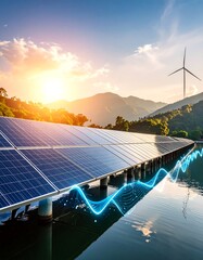 Floating solar panels at sunset