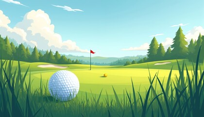 Visual illustration of a lush green golf course with a bright blue sky. A golf ball rests on the fairway, with a hole and flag visible in the distance, alongside sand bunkers and pine trees.
