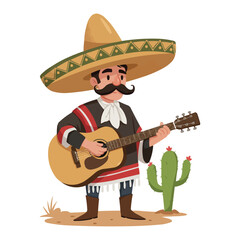 Mariachi Musician Playing Guitar with Sombrero and Cactus