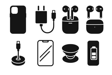 Minimalist phone accessories icons set: chargers, earbuds, cases, and stands