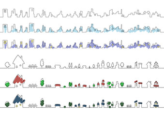 線画のシンプルなビ街並み　セット