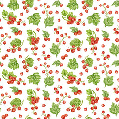 Seamless pattern of ripe and sweet red currant berries. Watercolor print for festive textiles, confectionery packaging, culinary paper, scrapbooking. Colorful pattern with clusters of summer berries.